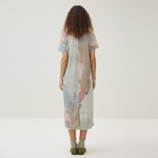 谜底连衣裙短袖女2025秋新品原创艺术印花H型T恤裙长裙253ML1240 商品图2