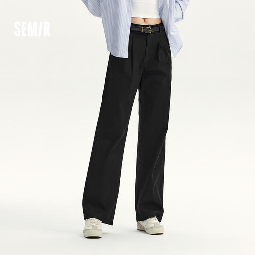 森马休闲裤女做旧宽松阔腿裤简约通勤秋磨毛纯棉打褶长裤腰带百搭 商品图1