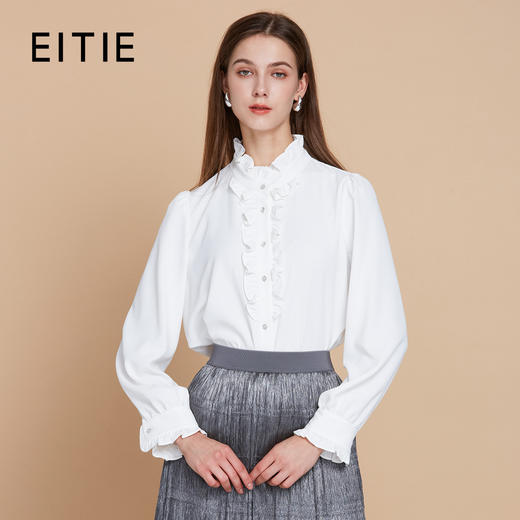EITIE爱特爱复古宫廷风木耳边立领显瘦百搭白衬衫2025秋季新款C2513816 商品图0