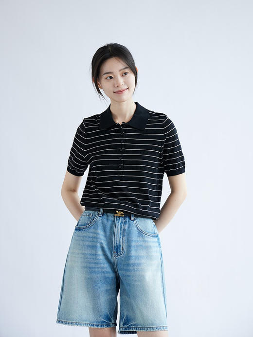 书卷气！2025法式优雅条纹三醋酸棉直筒短袖针织polo衫女夏新款 商品图5