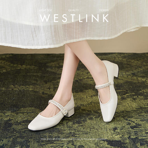 西遇法式玛丽珍鞋女新款秋季仙女珍珠水钻低跟鞋银色粗跟单鞋V1456895 商品图3