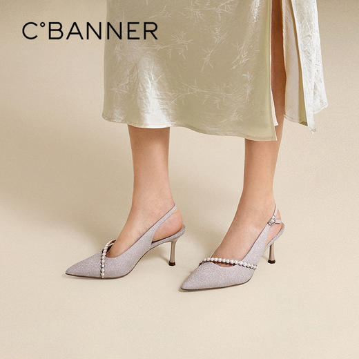 千百度珍珠带蕾丝面时装凉鞋女细高跟宴会包头凉鞋A25257783 商品图0