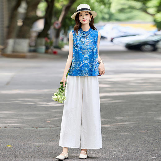 新中式国风轻奢高级感，复古印花阔腿裤减龄显瘦气质两件套HR-MCXZ8022 商品图0
