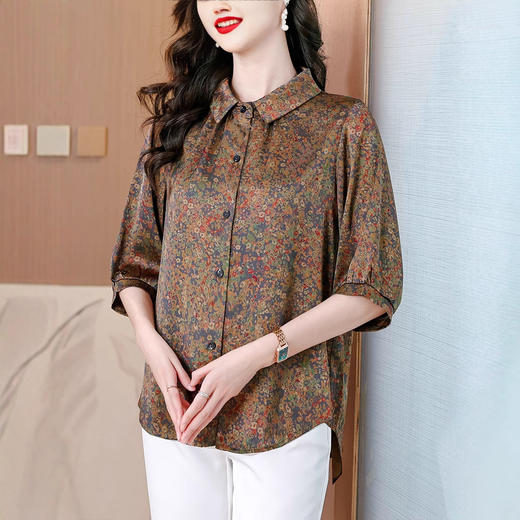 MZ18939高端复古碎花七分袖衬衫女夏装新款气质宽松小衫洋气妈妈遮肚上衣 商品图1
