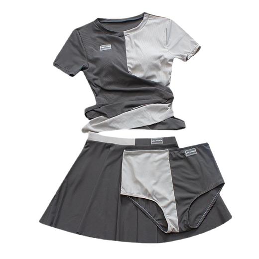 新款三件套泳衣女分体裙式遮肚显瘦高腰保守时尚撞色温泉泳装 商品图4