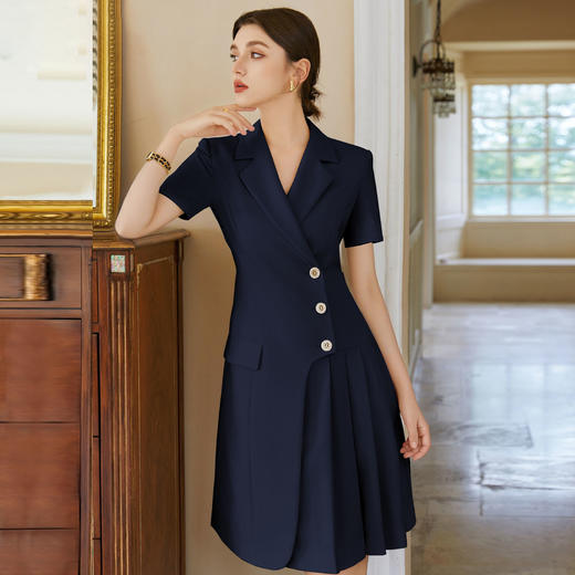 IWY/藏青色夏季短袖西装连衣裙女2025薄款酒店售楼部前台接待工作服Q1382 商品图2