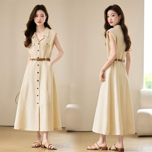 麻本色时尚设计百搭洋气显瘦，腰带款单排扣双口袋精致衬衫裙HR-YBER282 商品图1