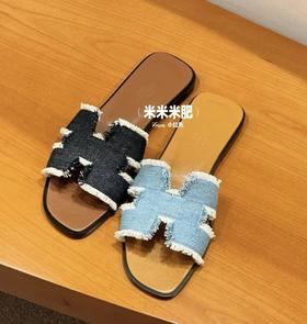 重磅渠道   Oran流苏牛仔布凉鞋   H牛仔流苏拖鞋   h拖鞋经典款平底拖鞋