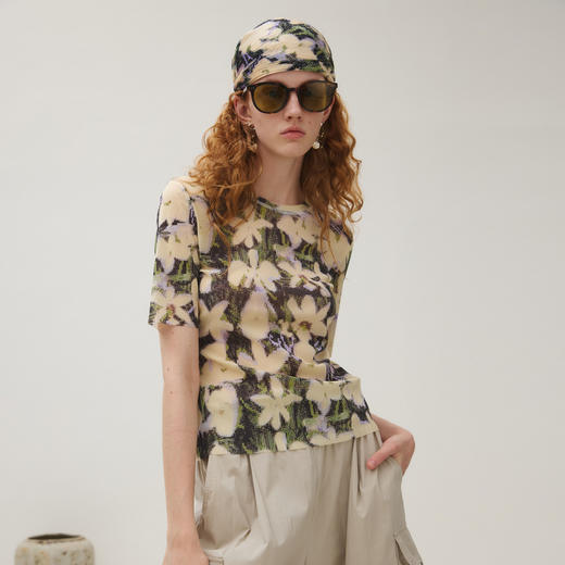 谜底T恤短袖女2025秋新品复古文艺弹力网布软糯印花上衣253MT1012 商品图2