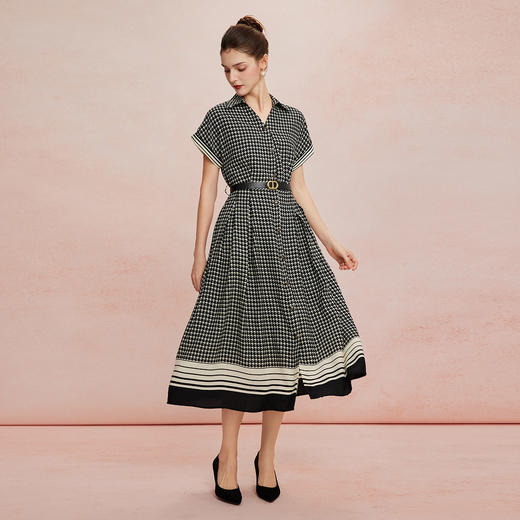 QF8D3斯尔丽25新款赫本风定位千鸟印花欧范收腰大摆搭配腰带时尚连衣裙 商品图3