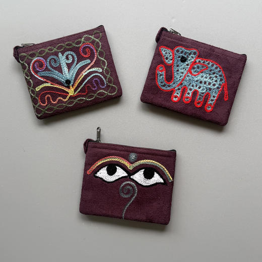 尼泊尔进口麂皮小零钱包女士民族风手拿包手工刺绣 商品图6