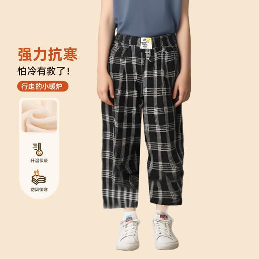 迪士尼儿童裤子加绒加厚冬季女童卫裤一体绒男童保暖裤外穿格子裤 商品图3