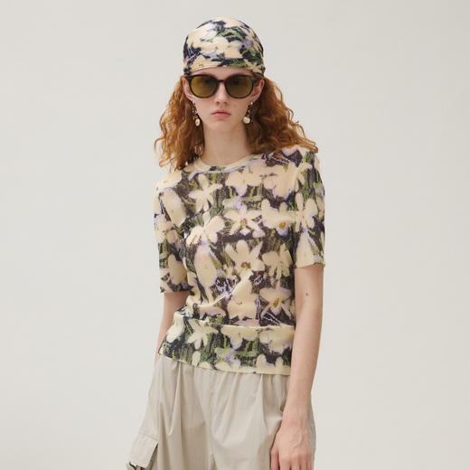 谜底T恤短袖女2025秋新品复古文艺弹力网布软糯印花上衣253MT1012 商品图0