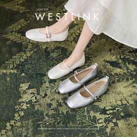 西遇芭蕾单鞋女新款秋季法式配裙子平底鞋银色内增高玛丽珍鞋V1456907