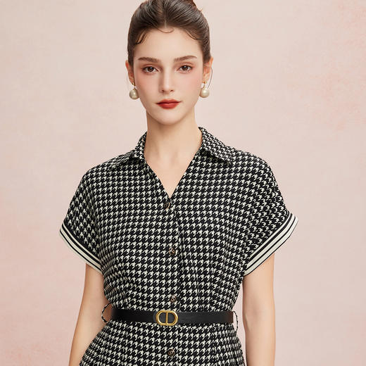 QF8D3斯尔丽25新款赫本风定位千鸟印花欧范收腰大摆搭配腰带时尚连衣裙 商品图4