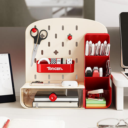 洞洞板+抽屉设计，文具杂物轻松归位！桌面洞洞板收纳盒 ，抽屉式笔筒收纳架 商品图2