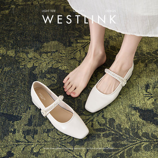 西遇法式玛丽珍鞋女新款秋季仙女珍珠水钻低跟鞋银色粗跟单鞋V1456895 商品图1