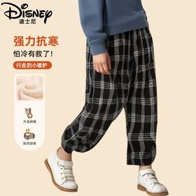 迪士尼儿童裤子加绒加厚冬季女童卫裤一体绒男童保暖裤外穿格子裤