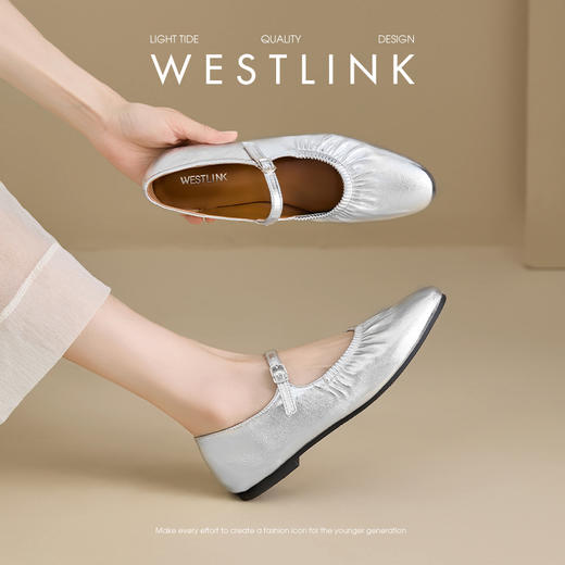西遇法式单鞋女新款秋季褶皱圆头浅口软底平底鞋银色玛丽珍鞋V1456902 商品图1