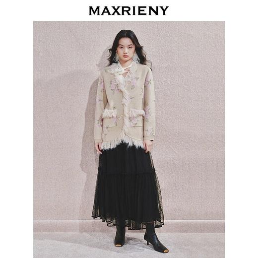 MAXRIENY 浪漫印花复古针织外套女慵懒感气质毛条珍珠扣24冬(货号:MF85JA751) 商品图1