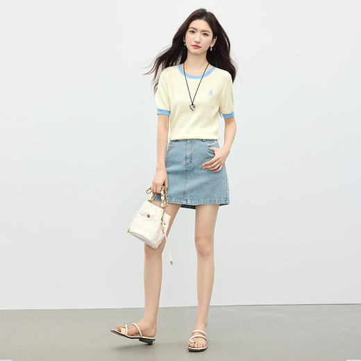 【专属特价】熙世界100%匹马棉针织短袖T恤女正肩设计感撞色圆领上衣2025夏天 商品图3