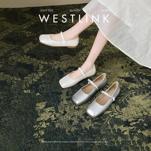 西遇平底玛丽珍鞋女新款秋季法式水钻方头小皮鞋软底银色单鞋V1456898 商品图0
