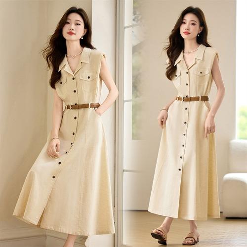 麻本色时尚设计百搭洋气显瘦，腰带款单排扣双口袋精致衬衫裙HR-YBER282 商品图2