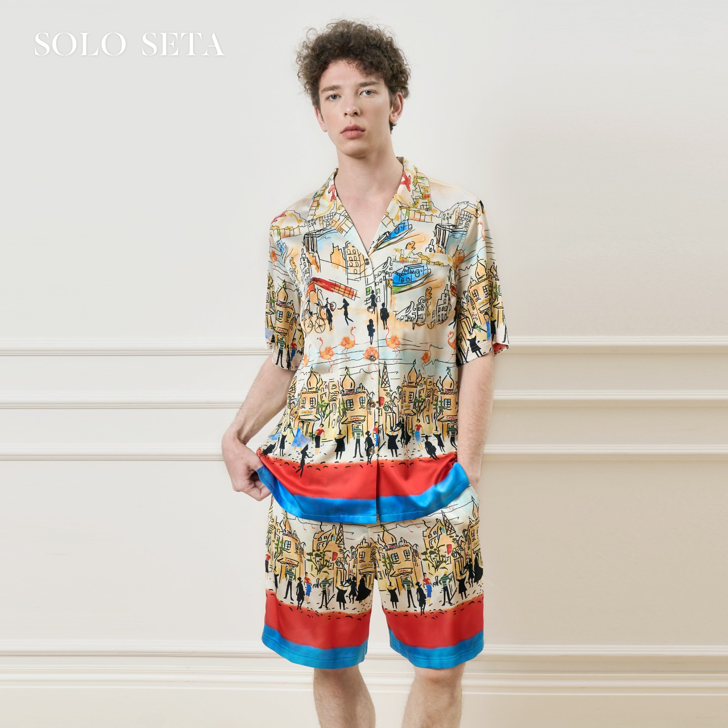 Solo seta男士真丝海边度假风短袖短裤套装桑蚕丝印花2025秋冬