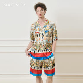 Solo seta男士真丝海边度假风短袖短裤套装桑蚕丝印花2025秋冬