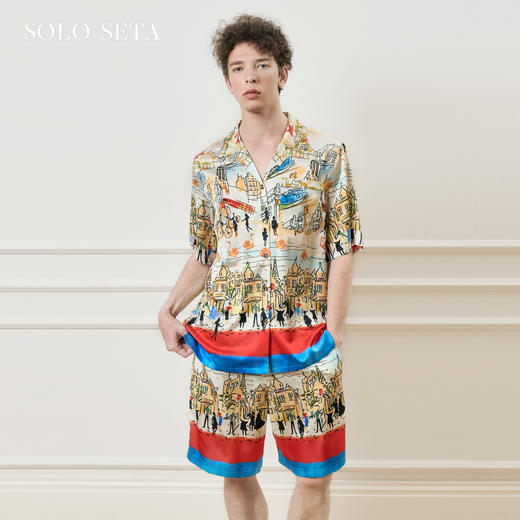Solo seta男士真丝海边度假风短袖短裤套装桑蚕丝印花2025秋冬 商品图0