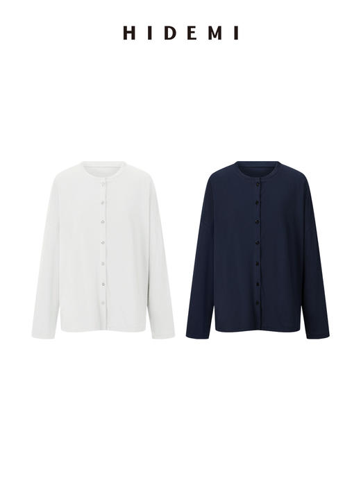 HIDEMI 自然水洗棉做旧感圆领纽扣开衫式t恤长袖上衣 白色/藏青色 商品图8