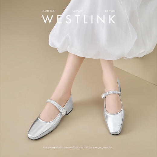 西遇法式玛丽珍鞋女新款秋季仙女珍珠水钻低跟鞋银色粗跟单鞋V1456895 商品图2