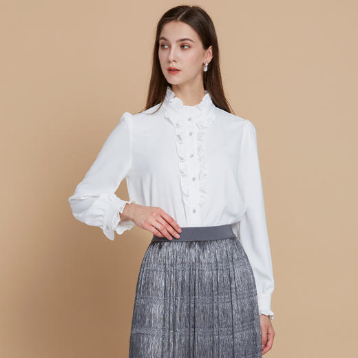 EITIE爱特爱复古宫廷风木耳边立领显瘦百搭白衬衫2025秋季新款C2513816 商品图2