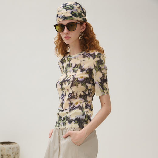 谜底T恤短袖女2025秋新品复古文艺弹力网布软糯印花上衣253MT1012 商品图1