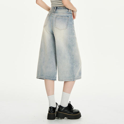 罗蒙夏季女士七分裤复古高腰阔腿显瘦牛仔裤百搭通勤女舒适裤子 商品图4