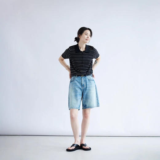 书卷气！2025法式优雅条纹三醋酸棉直筒短袖针织polo衫女夏新款 商品图1