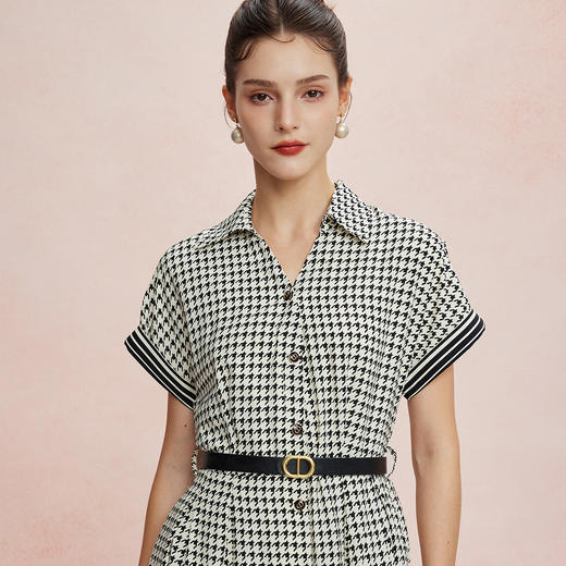 QF8D3斯尔丽25新款赫本风定位千鸟印花欧范收腰大摆搭配腰带时尚连衣裙 商品图9