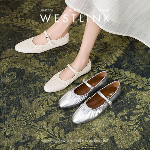 西遇法式单鞋女新款秋季褶皱圆头浅口软底平底鞋银色玛丽珍鞋V1456902 商品图0