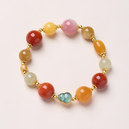 【普陀山】福运连绵 多宝手链14mm大蜜蜡 南红 925银 镀金 蓝水葫芦  多宝手链 商品图7