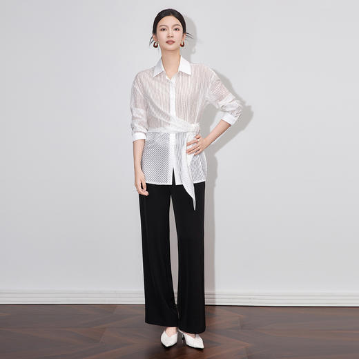 「高货wl」全新升级【铂金会员257/天猫339/差价82】(02953)洛诗琳设计感重工烫钻衬衫2025夏季天丝混纺收腰条纹上衣 商品图1