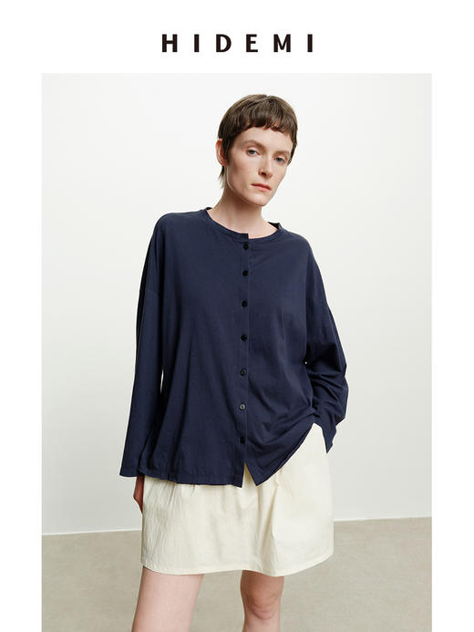 HIDEMI 自然水洗棉做旧感圆领纽扣开衫式t恤长袖上衣 白色/藏青色 商品图5