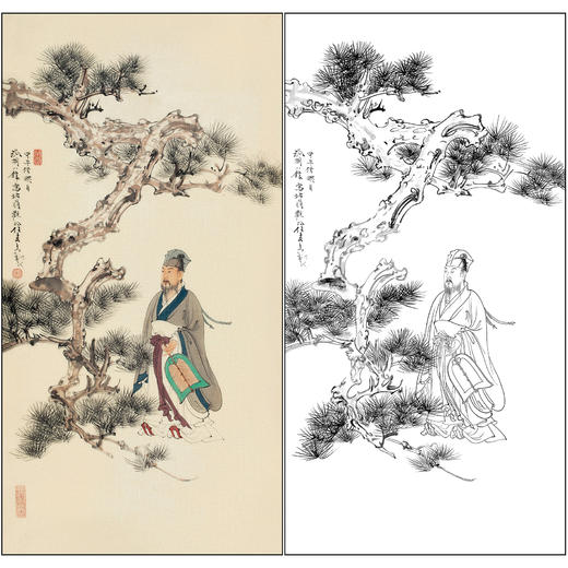 任重山水人物工笔画白描底稿《观松图》临摹勾线高清打印稿RD67 商品图0