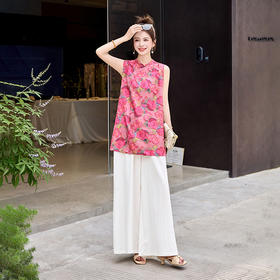 新中式国风气质显瘦，复古印花旗袍阔腿裤两件套HR-X1012