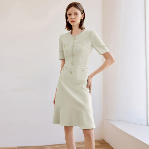 IWY/芦灰绿气质通勤小香风连衣裙女夏季薄款圆领主持人正装西装裙Q1351 商品图3