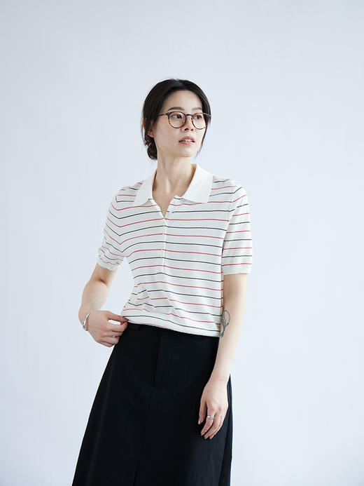 书卷气！2025法式优雅条纹三醋酸棉直筒短袖针织polo衫女夏新款 商品图6