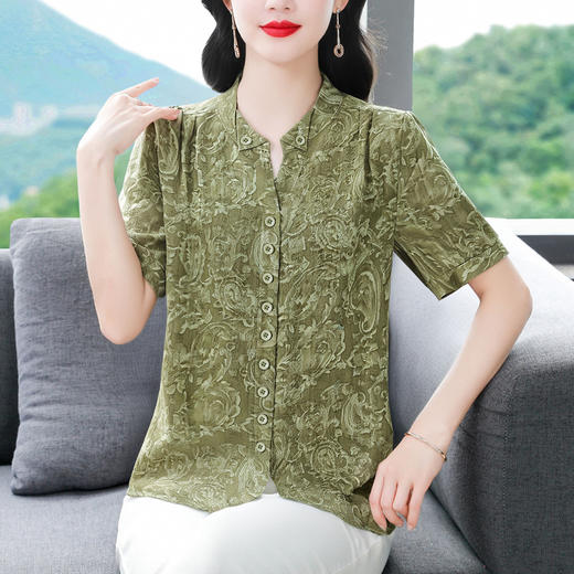 KQL765G379妈妈装花色短袖雪纺衬衫女士夏季百搭减龄小衫宽松显瘦冰丝上衣女 商品图2