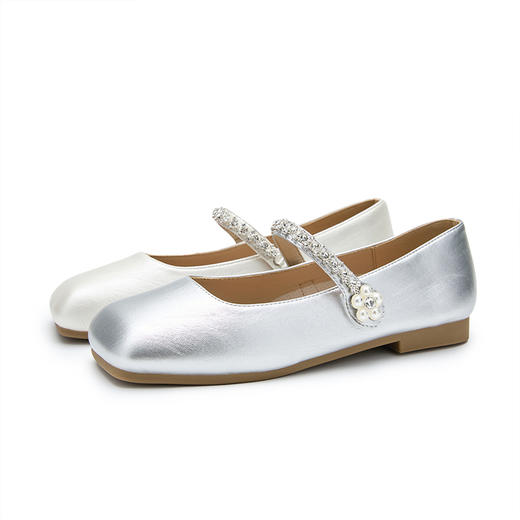 西遇平底玛丽珍鞋女新款秋季法式水钻方头小皮鞋软底银色单鞋V1456898 商品图4