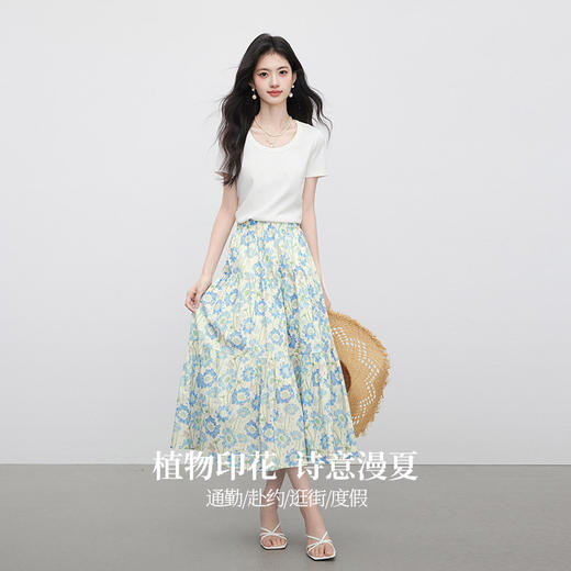 【专属特价】熙世界法式蓝色碎花半身裙女夏季2025新款浪漫复古印花a字蛋糕裙 商品图1