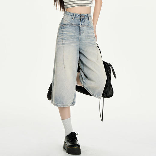 罗蒙夏季女士七分裤复古高腰阔腿显瘦牛仔裤百搭通勤女舒适裤子 商品图1