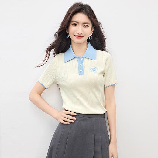【专属特价】熙世界法式撞色Polo领针织衫女短袖通勤休闲正肩T恤上衣2025夏季 商品图4